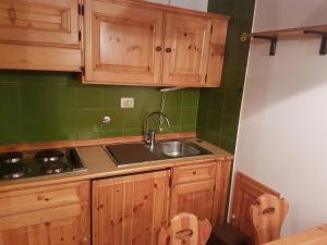 een keuken met houten kasten en een spoelbak bij Appartamento Camporosso in Tarvisio