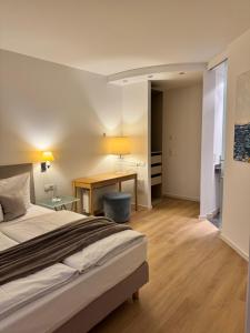 a bedroom with a large bed and a desk at Plaza Rooms & Studios in Forchheim