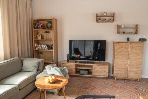 a living room with a couch and a television at Tropianka - sielski dom na skraju wsi in Tropie