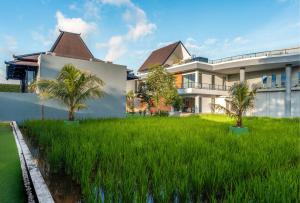 a house with a field of grass and palm trees at Villa 234 Yogyakarta in Yogyakarta