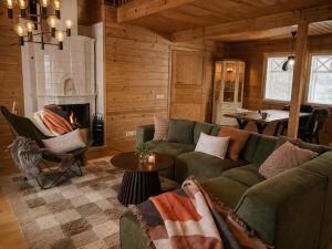 a living room with a green couch and a fireplace at Holiday Cabin Naalinpesä incl Wifi, outdoor jacuzzi for extra fee in Äkäslompolo