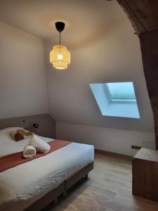 a bedroom with a bed and a skylight at Domaine des Granges in La Bâtie-Montgascon