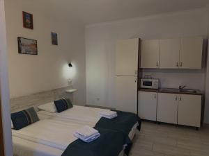 ein Schlafzimmer mit zwei Betten und eine Küche mit Mikrowelle in der Unterkunft Pension Recidency in Oradea