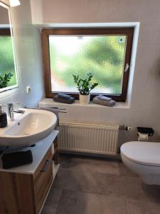 a bathroom with a sink and a toilet and a window at Ferienwohnung Gabriel in Bad Kohlgrub +18 photos