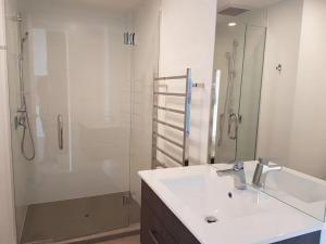 a bathroom with a sink and a shower with a mirror at Luxury and Morden Deux & Furry Friends welcome in Auckland