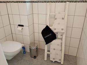 a bathroom with a toilet and a shelf with towels at Cottage Living 2 in Leiblfing +2 photos