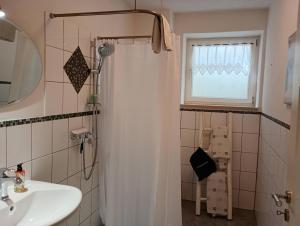 a bathroom with a shower and a sink and a window at Cottage Living 2 in Leiblfing