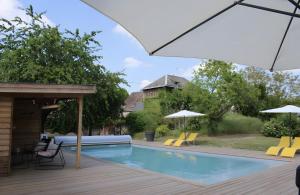 a swimming pool with chairs and umbrellas at Gîtes La Grenouillère in Veuzain-sur-Loire