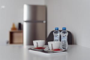 a table with two bottles of water and two cups at Ubytování AMZ in Vrábí