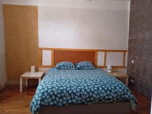 a bedroom with a blue bed with two pillows at Air de Monade in Oloron-Sainte-Marie