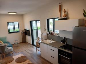 a kitchen with a sink and a refrigerator at נוף לחרמון דפנה in Dafna