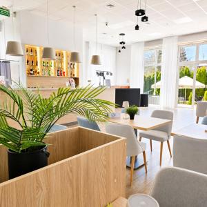a restaurant with a potted plant and tables and chairs at Albatros Medical SPA in Mielno