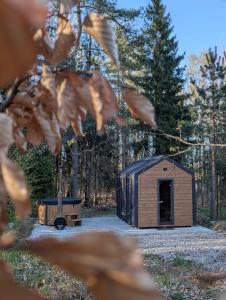 a small wooden shed in a forest with a tree at Leno Tu - Domki przy jeziorze z sauną i banią in Ciemno +51 photos