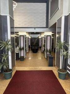 a hallway with potted plants and a red rug at Gold Hotel in Istanbul