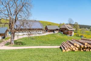 a group of logs in the grass next to a building at Altvogtshof in Furtwangen