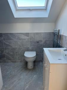 a bathroom with a toilet and a sink and a skylight at Penthouse new 2 bed 2 apartment in Basingstoke