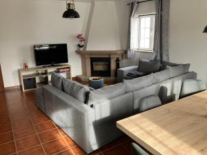 a living room with a gray couch and a television at Alojamentos Vila Alpalhão in Alpalhão