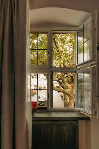 an open window with a view of a tree at HOY bamberg boutique hotel in Bamberg