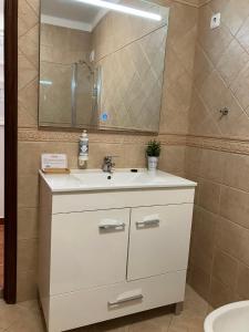 a bathroom with a white sink and a mirror at Alojamentos Vila Alpalhão in Alpalhão +21 photos