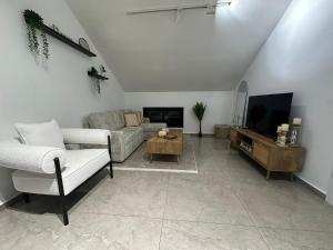 ein Wohnzimmer mit Sofa und Fernseher in der Unterkunft הסוויטה בטיילת in Aschdod