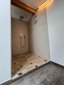 a bathroom with a shower with a stone floor at Ferienwohnung Bergblick in Bad Aibling +13 photos