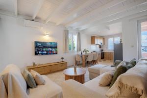 a living room with two couches and a kitchen at Ionelia Hospitality Apartments in Ipsos
