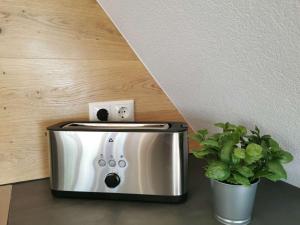 Ein Toaster steht auf der Küchentheke neben einer Pflanze. in der Unterkunft Falken-Loft in Giebelstadt