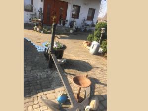 a garden with a hat and other items on the ground at Ferienwohnungen Zum Anker _ Objekt in Diedrichshagen +50 photos