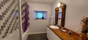 a bathroom with a sink and a shower with a mirror at Gite le rémijour in Céaux-en-Couhé +10 photos
