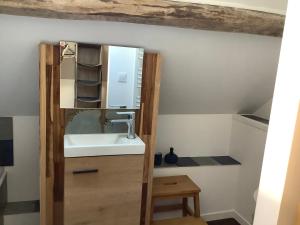 a bathroom with a sink and a mirror at Longère au Numéro 7 in Le Tronquay +37 photos