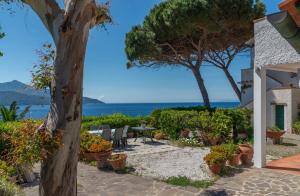 a garden with a table and chairs and a tree at Casa Sabrina in Portoferraio