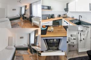 three pictures of a kitchen and a living room at Hotel Essen mit Apartments in Essen