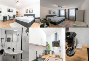 a hotel room with two beds and a bathroom at Hotel Essen mit Apartments in Essen