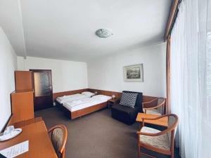 a hotel room with a bed and a chair at Hotel Bezdez Stare Splavy in Staré Splavy