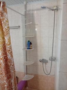 a bathroom with a shower with a shower curtain at Villa Fraoulitsa in Skoutari +45 photos