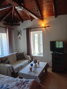 a living room with a couch and a tv at Villa Fraoulitsa in Skoutari
