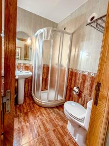 a bathroom with a shower and a toilet and a sink at Pension Areas in O Pindo