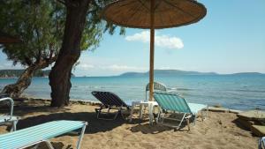 a group of chairs and an umbrella on the beach at Villa Pilias Methoni in Methoni