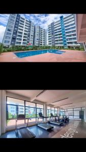 two pictures of a building with a pool and buildings at Airport Studio Gym pool fast WIFI Ideal for digital nomads Syokimau in Syokimau