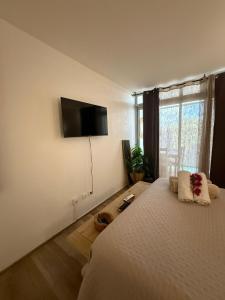 a bedroom with a bed with a flat screen tv on the wall at Ti Kaz Paradise in Le Diamant