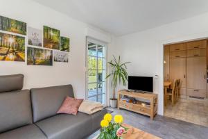 a living room with a couch and a television at Apartment Burgquartier in Schmallenberg