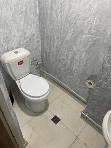 a bathroom with a white toilet and a sink at Old Friends Cozy House in Gyumri