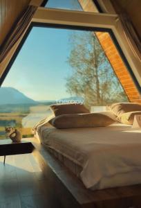 a bed in a room with a large window at Kapa Chalet Bran in Sohodol +52 photos