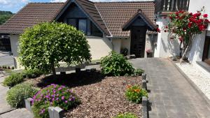 a garden in front of a house with flowers at Maarträumchen in Gillenfeld in Gillenfeld