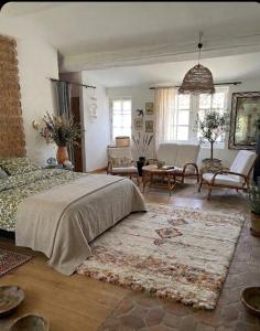 a bedroom with a large bed and a living room at Chambre d'hôte Maison Magda in Beaucaire