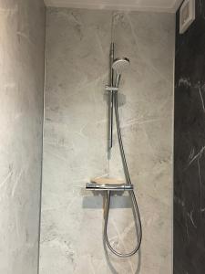 eine Dusche in einem Badezimmer mit Duschkopf in der Unterkunft Tiny House Cinta- Dichtbij zee & in een groene omgeving in Heinkensand + 25 Fotos