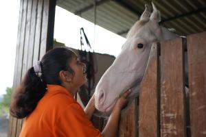 a woman is petting a white horse behind a fence at Krishna's den- a cottage retreat a Gaudham Periyar Farmstay in Jambhulpāda