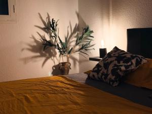 a bedroom with a bed and a vase with a plant at L'ile au Paon in Les Abymes