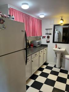 a kitchen with a refrigerator and a sink at Charming Rustic Barn in Spruce Pine