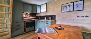 a kitchen with green cabinets and a wooden table at Chalet des Edelweiss, Guzet in Ustou